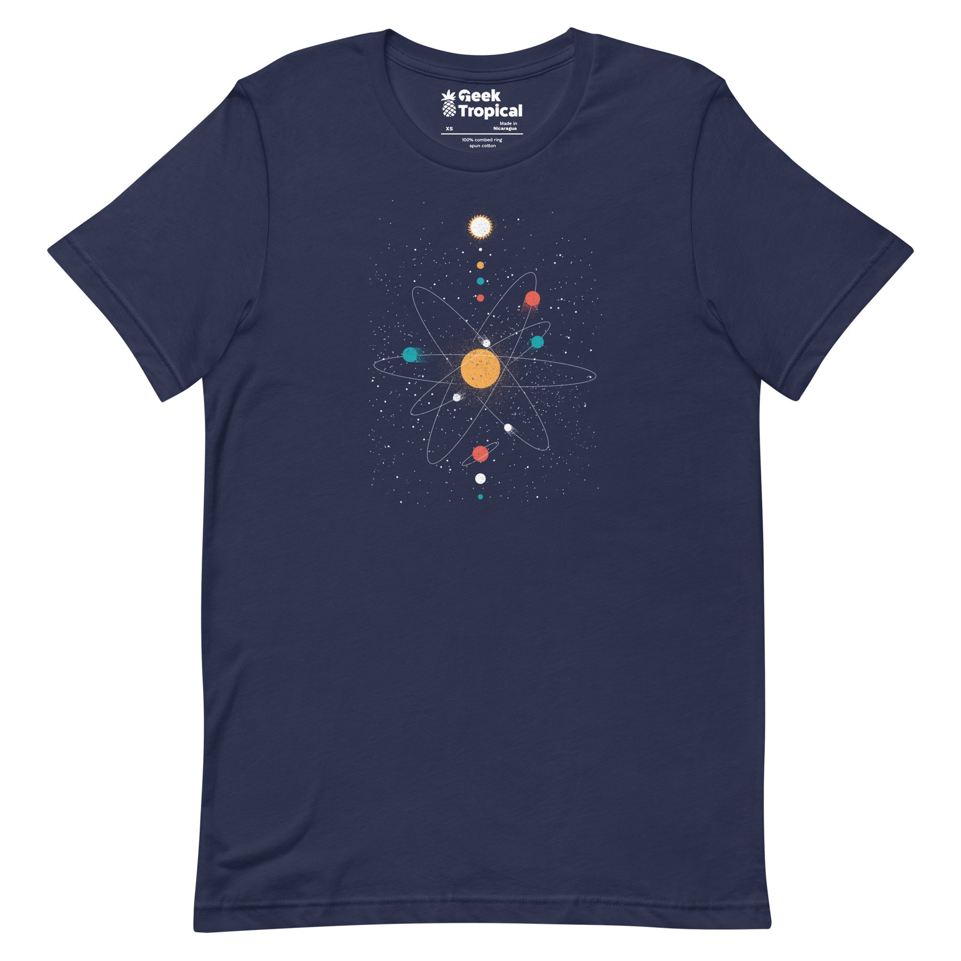 Atom Universe Minimalist T-Shirt Geek Nerd Advertise to Meta Design by Tobe Fonseca outer space & astronaut print