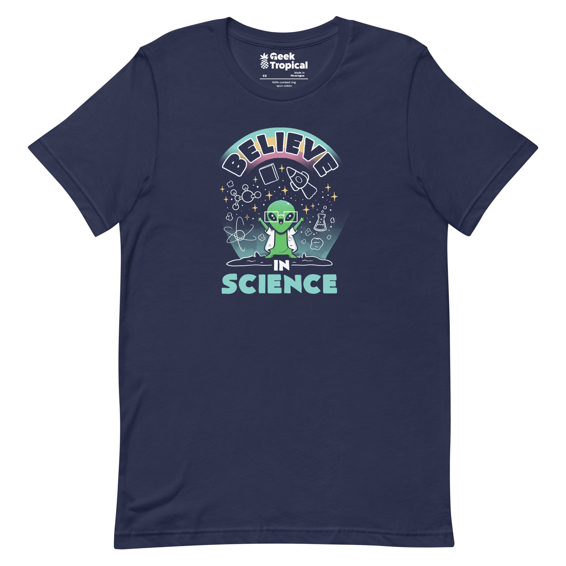 Believe in Science Alien T-Shirt Geek Nerd Advertise to Meta Design by Tobe Fonseca outer space & astronaut print