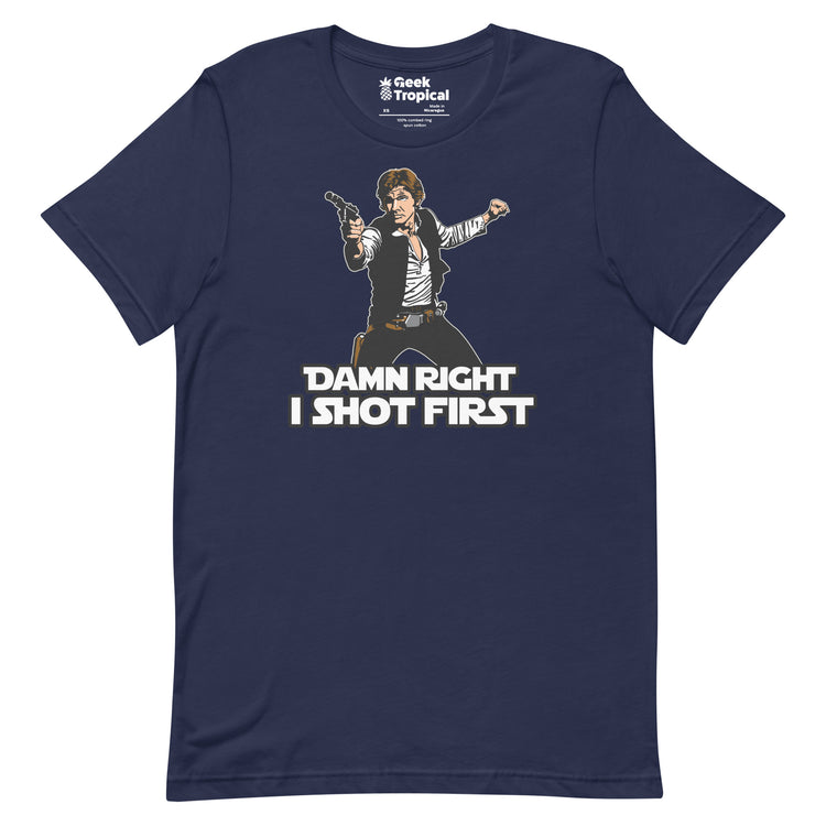 I Shot First T-Shirt Geek Nerd Advertise to Meta Fantasy Prints FLOW DESC WRITING