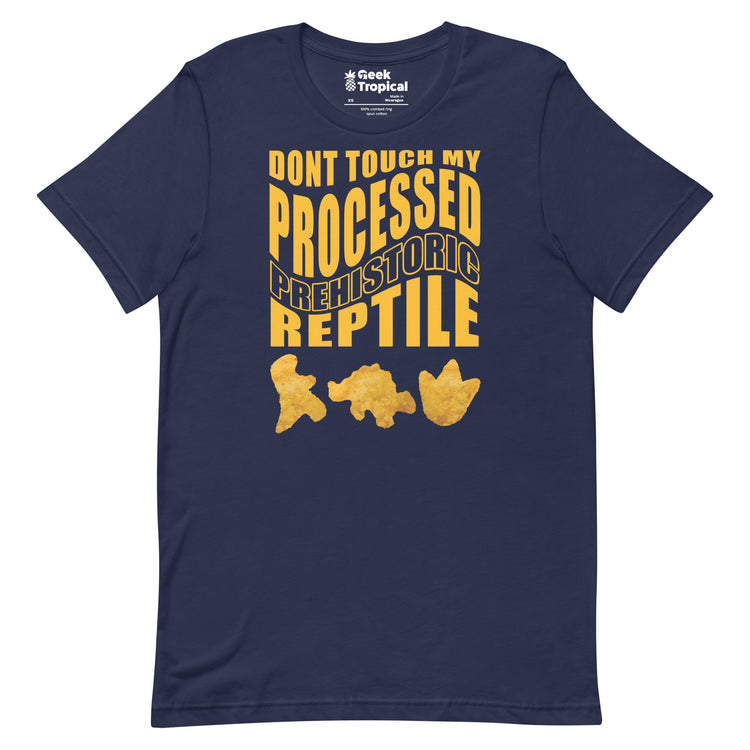 Processed Prehistoric Reptile Dinosaur Chicken Nuggets T-Shirt Geek Nerd Advertise to Meta Animal Patterns Design by Random Galaxy