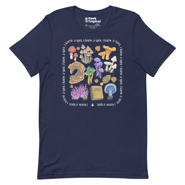 I Know A Spot Mushrooms T-Shirt Geek Nerd Advertise to Meta Botany Print Elle