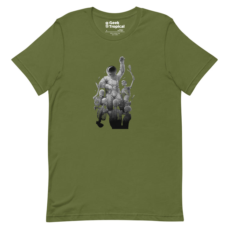 Astronaut Escaping Skeletons T-Shirt Geek Nerd Design by Tobe Fonseca Fantasy Prints FLOW DESC WRITING