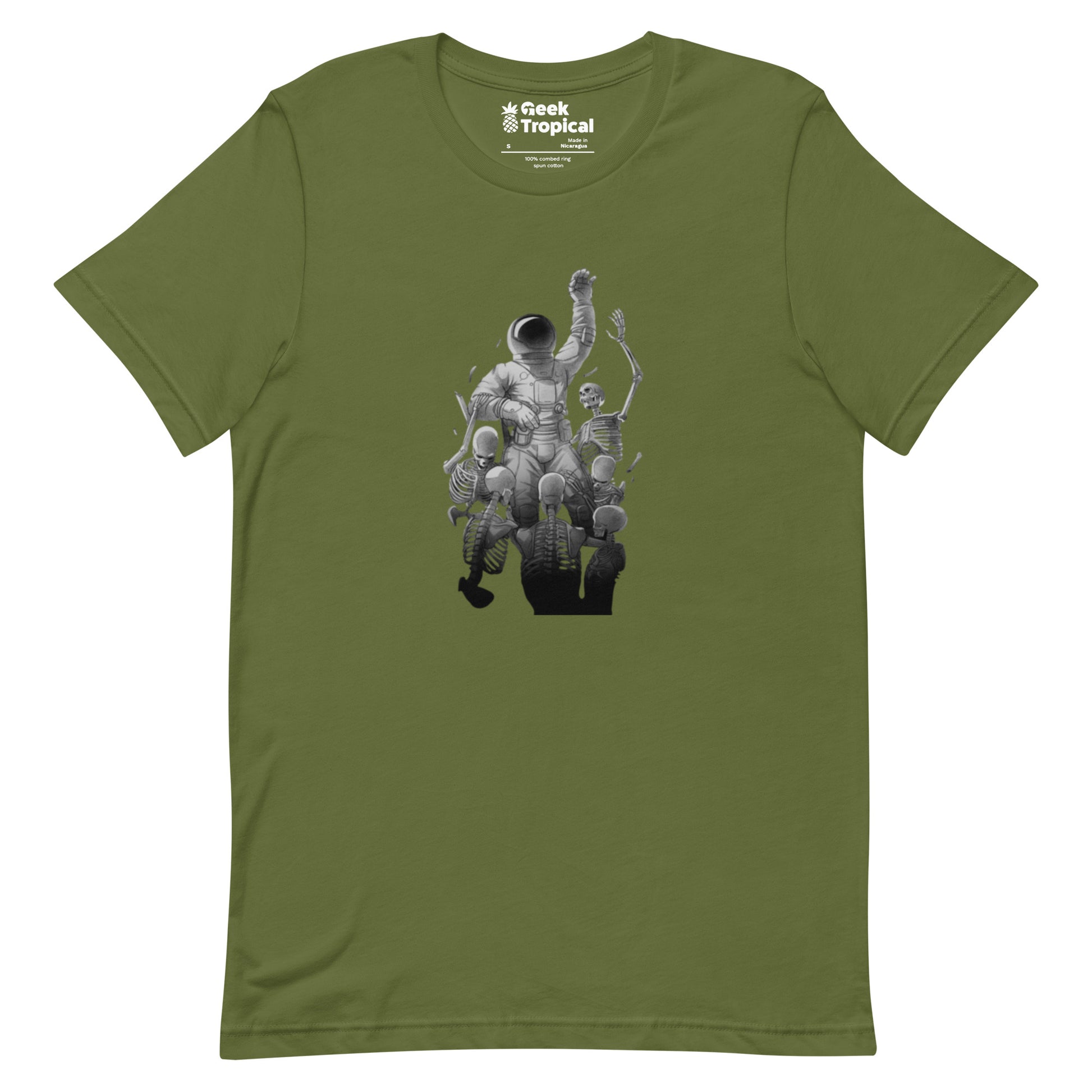 Astronaut Escaping Skeletons T-Shirt Geek Nerd Design by Tobe Fonseca Fantasy Prints FLOW DESC WRITING