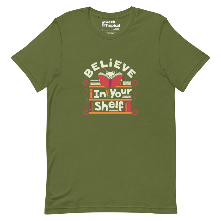 Believe in Your Shelf Cat T-Shirt Geek Nerd Animal Patterns Book Prints Design by Tobe Fonseca