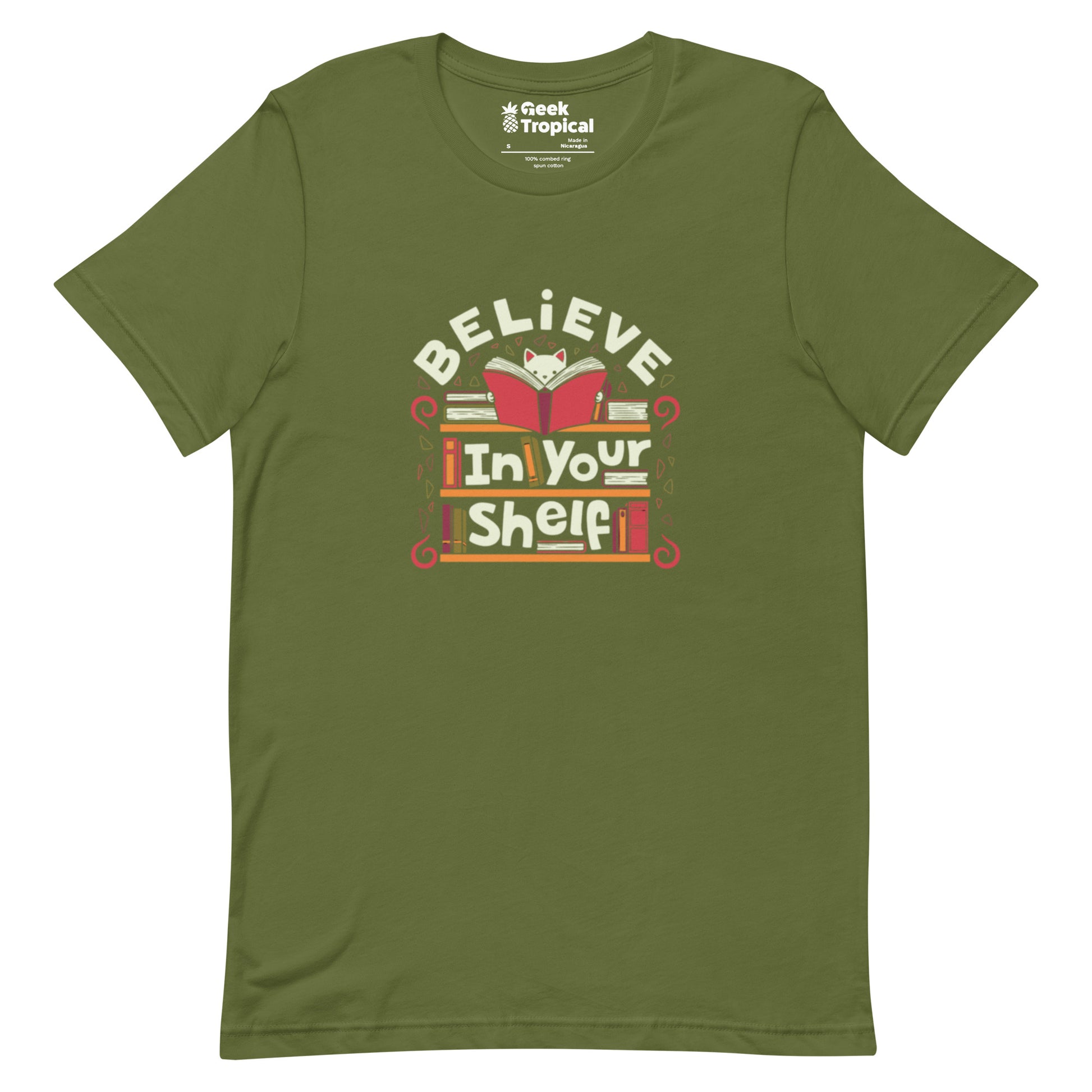 Believe in Your Shelf Cat T-Shirt Geek Nerd Animal Patterns Book Prints Design by Tobe Fonseca