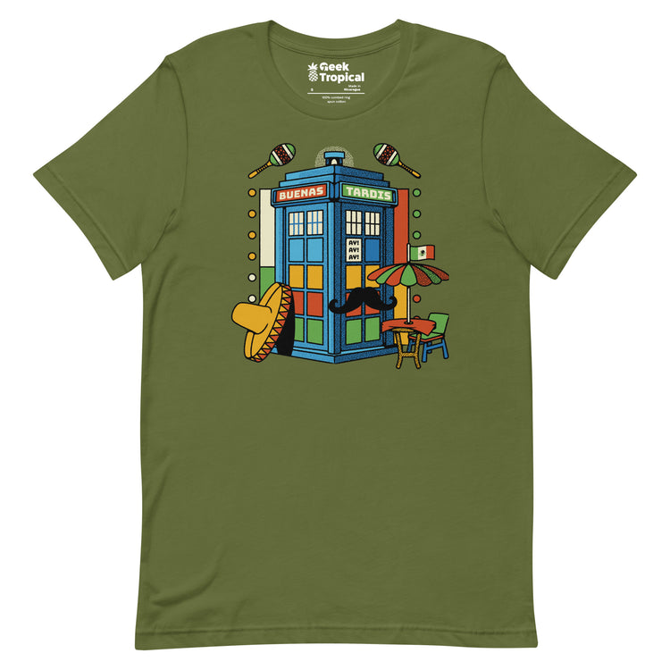 Buenas Tardis Travel Time T-Shirt Geek Nerd Advertise to Meta Design by Tobe Fonseca Fantasy Prints