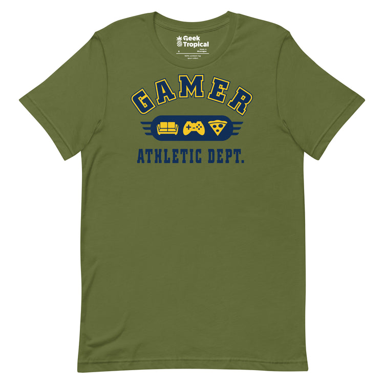 Gamer Athletic Dept T-Shirt Geek Nerd Advertise to Meta FLOW DESC WRITING Off World Designs