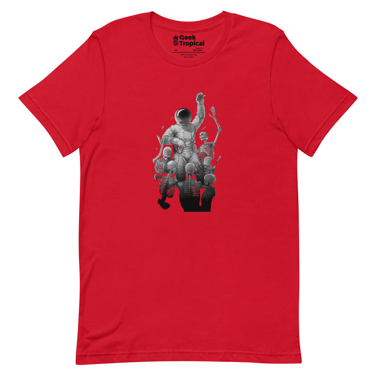 Astronaut Escaping Skeletons T-Shirt Geek Nerd Design by Tobe Fonseca Fantasy Prints FLOW DESC WRITING