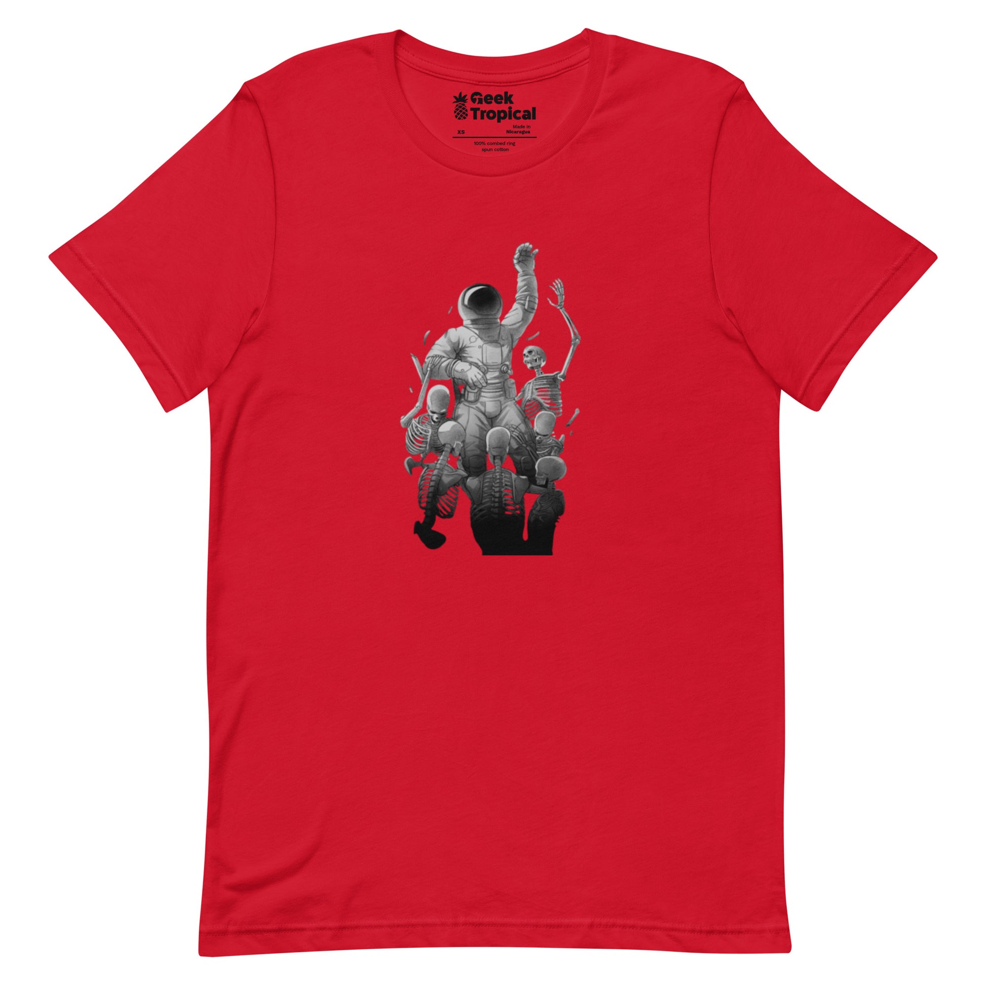 Astronaut Escaping Skeletons T-Shirt Geek Nerd Design by Tobe Fonseca Fantasy Prints FLOW DESC WRITING