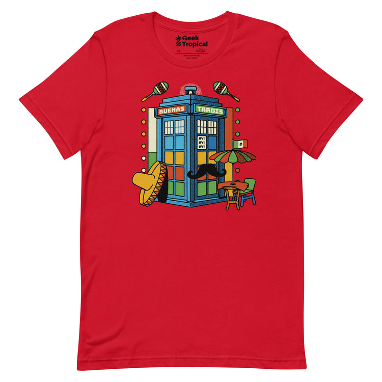 Buenas Tardis Travel Time T-Shirt Geek Nerd Advertise to Meta Design by Tobe Fonseca Fantasy Prints