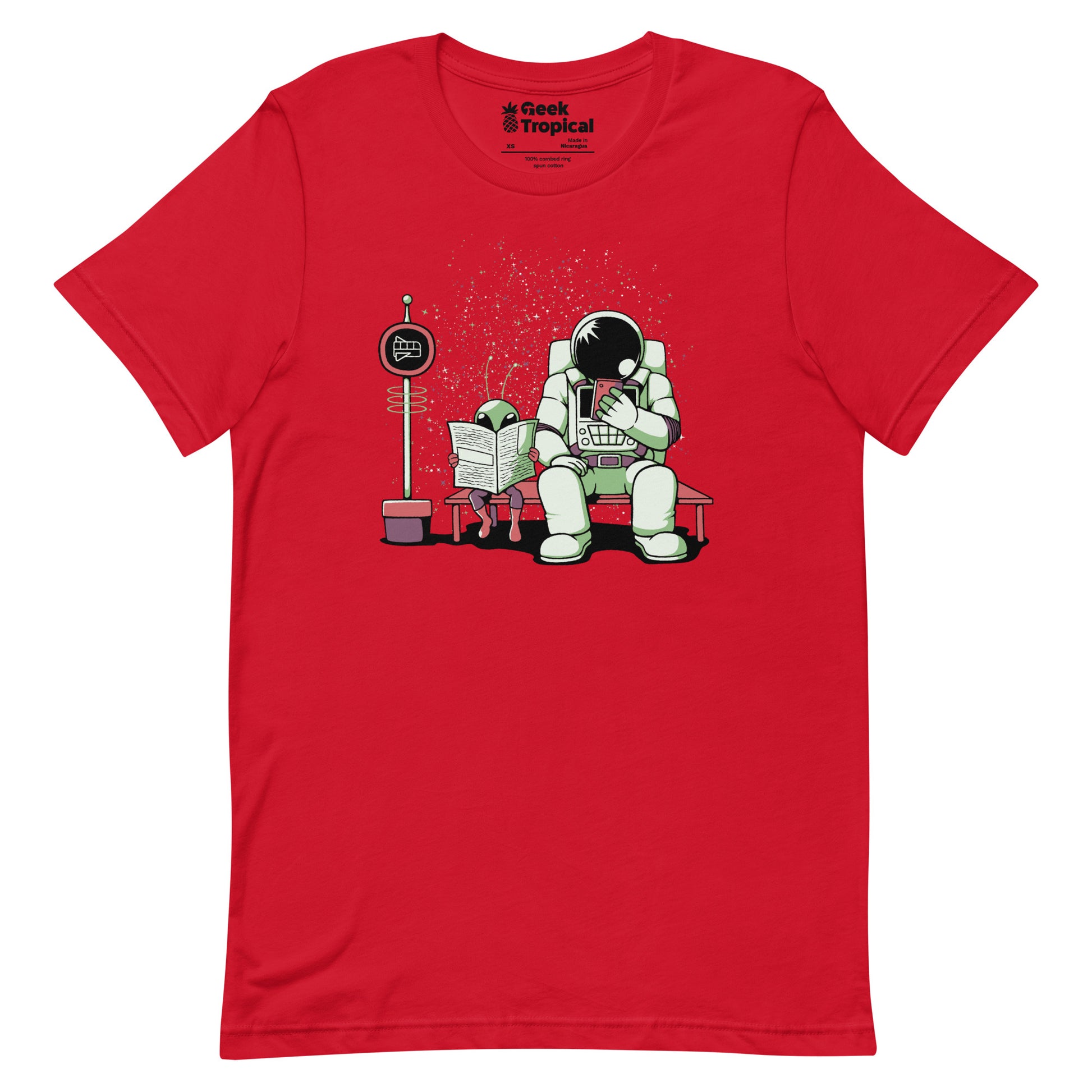 Astronaut In a Bus Stop Funny Alien Reading Newspaper T-Shirt Geek Nerd Advertise to Meta Design by Tobe Fonseca Fantasy Prints