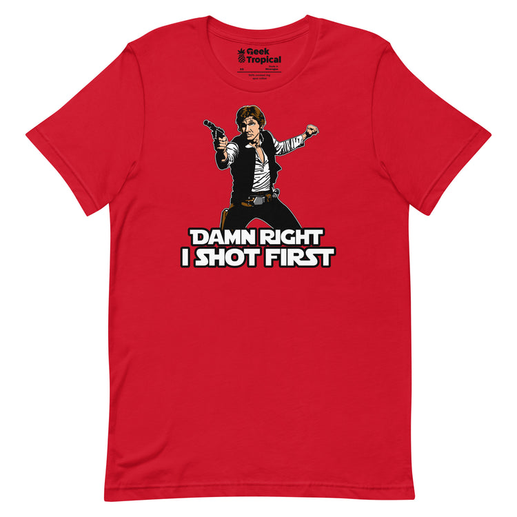 I Shot First T-Shirt Geek Nerd Advertise to Meta Fantasy Prints FLOW DESC WRITING