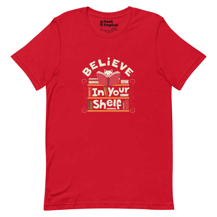 Believe in Your Shelf Cat T-Shirt Geek Nerd Advertise to Meta Animal Patterns Book Prints