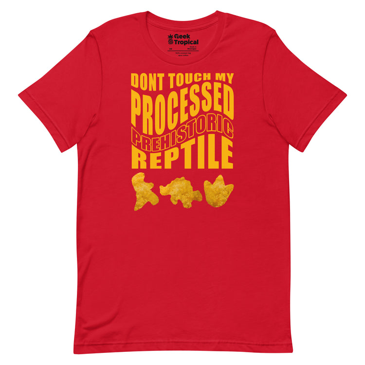 Processed Prehistoric Reptile Dinosaur Chicken Nuggets T-Shirt Geek Nerd Advertise to Meta Animal Patterns Design by Random Galaxy