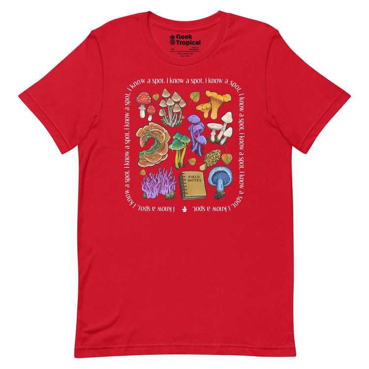 I Know A Spot Mushrooms T-Shirt Geek Nerd Advertise to Meta Botany Print Elle