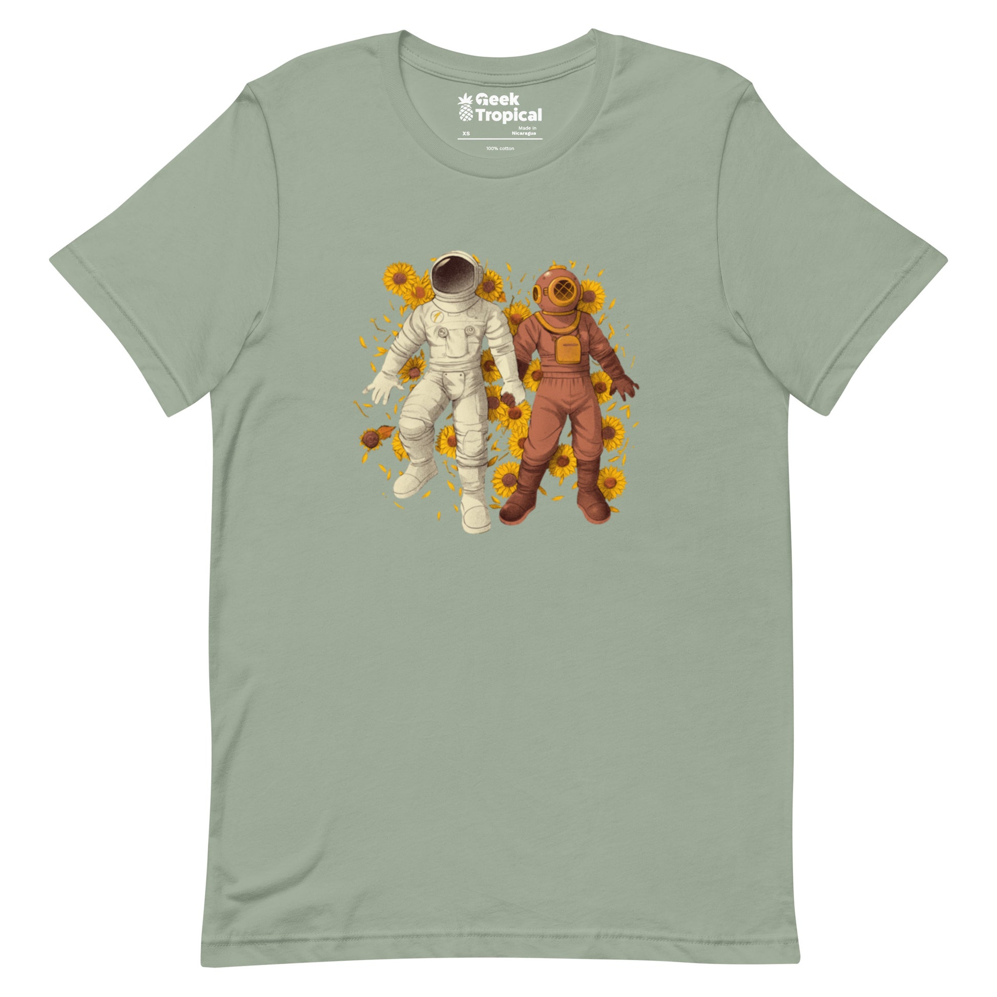 Astronaut Diving Sun Flowers - shirt Geek Nerd Botany Print Design by Tobe Fonseca FLOW DESC WRITING