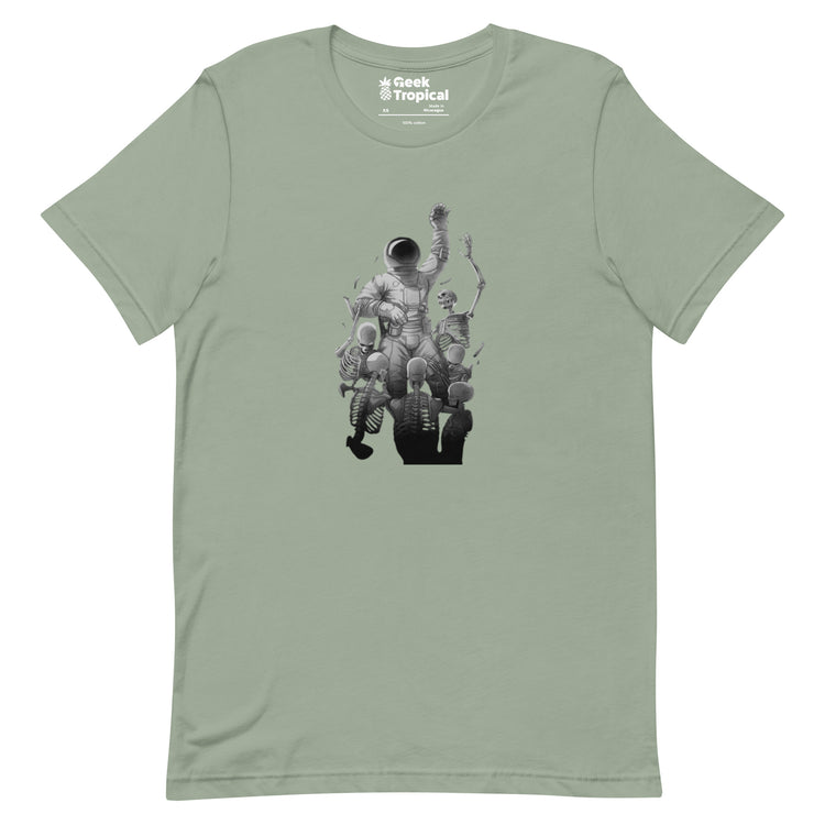 Astronaut Escaping Skeletons T-Shirt Geek Nerd Design by Tobe Fonseca Fantasy Prints FLOW DESC WRITING