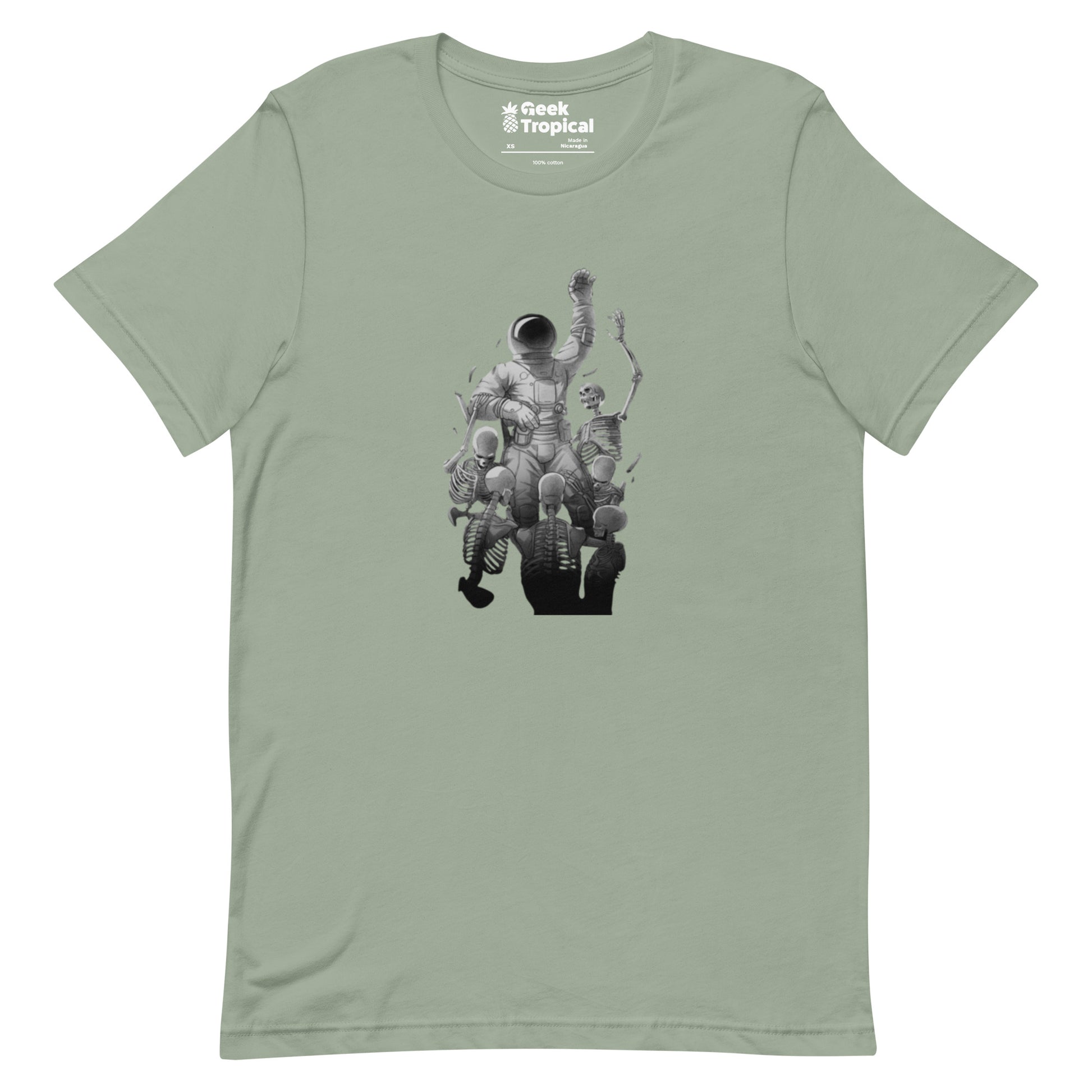 Astronaut Escaping Skeletons T-Shirt Geek Nerd Design by Tobe Fonseca Fantasy Prints FLOW DESC WRITING