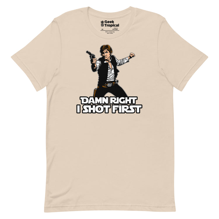 I Shot First T-Shirt Geek Nerd Advertise to Meta Fantasy Prints FLOW DESC WRITING