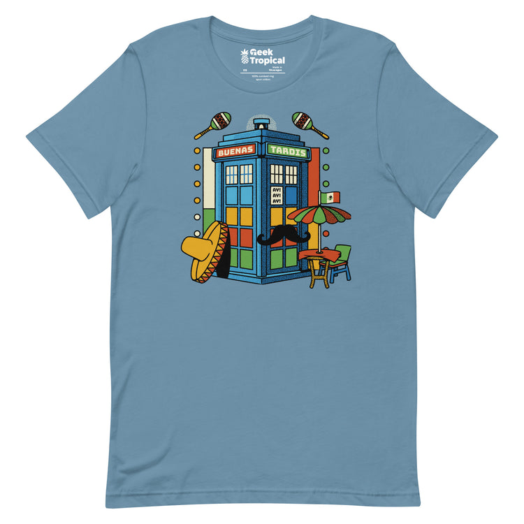 Buenas Tardis Travel Time T-Shirt Geek Nerd Advertise to Meta Design by Tobe Fonseca Fantasy Prints