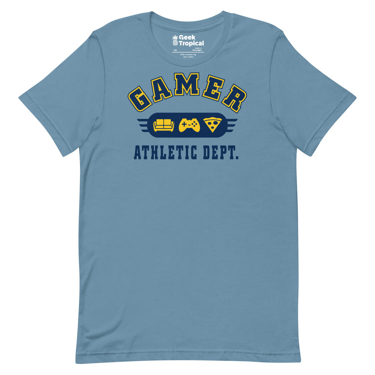 Gamer Athletic Dept T-Shirt Geek Nerd Advertise to Meta FLOW DESC WRITING Off World Designs