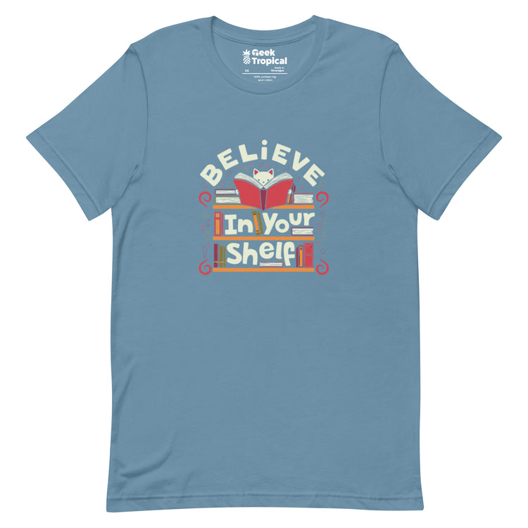 Believe in Your Shelf Cat T-Shirt Geek Nerd Advertise to Meta Animal Patterns Book Prints