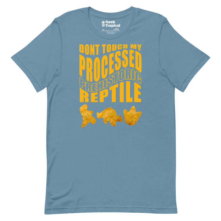Processed Prehistoric Reptile Dinosaur Chicken Nuggets T-Shirt Geek Nerd Advertise to Meta Animal Patterns Design by Random Galaxy