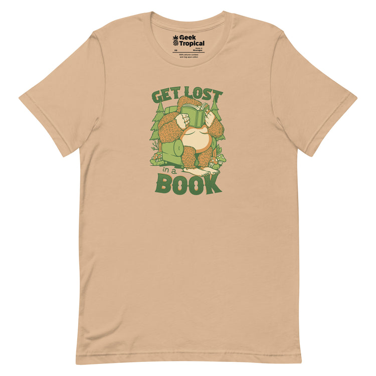 Get Lost - In A Book Sasquatch T-Shirt Geek Nerd Advertise to Meta Book Prints Design by Tobe Fonseca