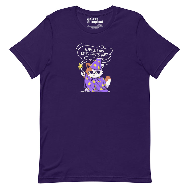 A Spell a Day Keeps Idiots Away Wizard Cat T-Shirt Geek Nerd Animal Patterns Design by Tobe Fonseca dnd & rpg print