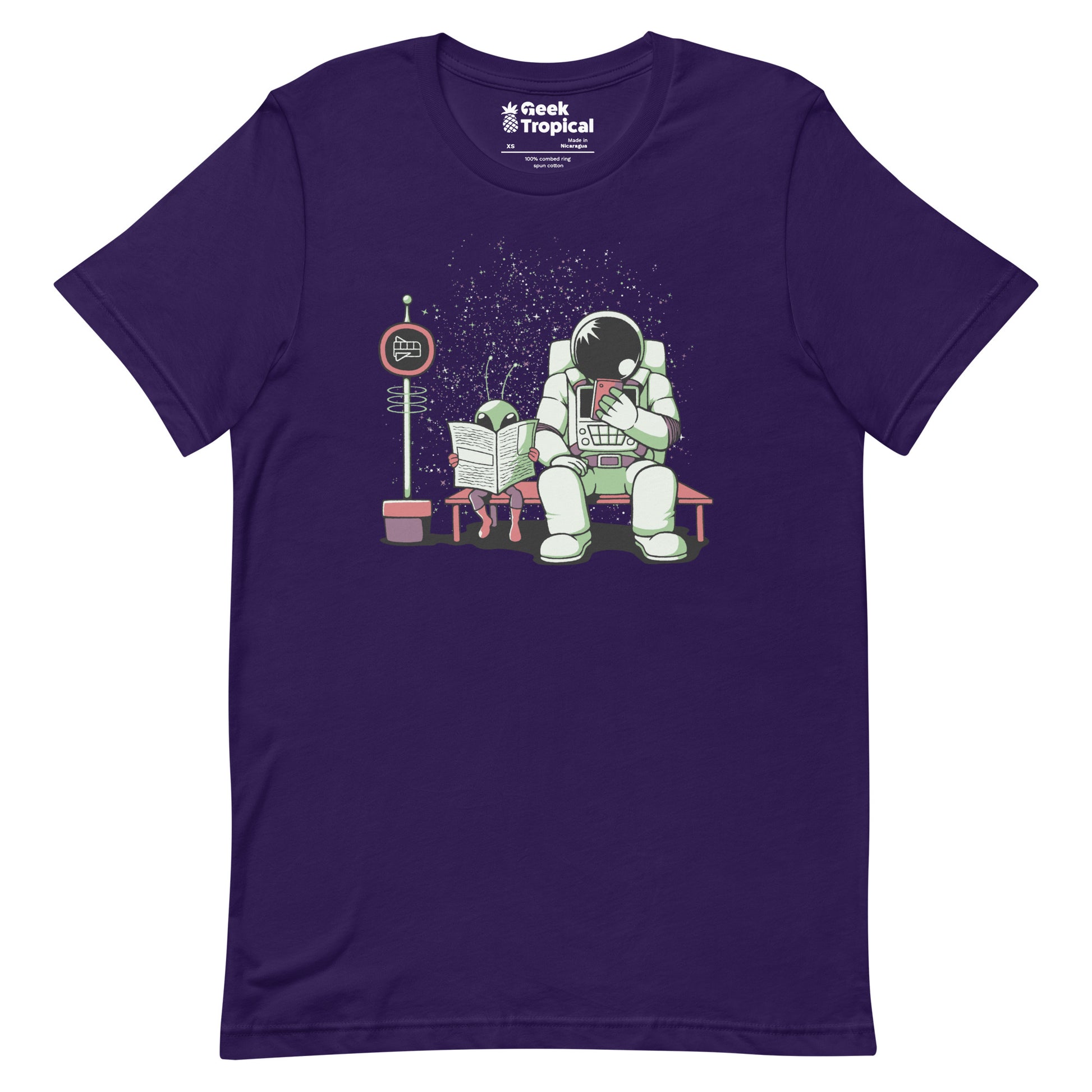 Astronaut In a Bus Stop Funny Alien Reading Newspaper T-Shirt Geek Nerd Advertise to Meta Design by Tobe Fonseca Fantasy Prints