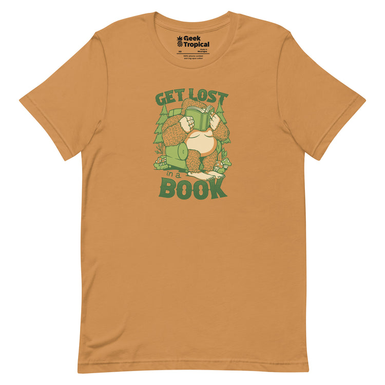 Get Lost - In A Book Sasquatch T-Shirt Geek Nerd Advertise to Meta Book Prints Design by Tobe Fonseca