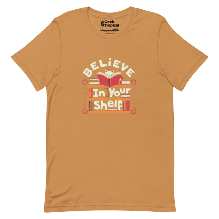 Believe in Your Shelf Cat T-Shirt Geek Nerd Advertise to Meta Animal Patterns Book Prints