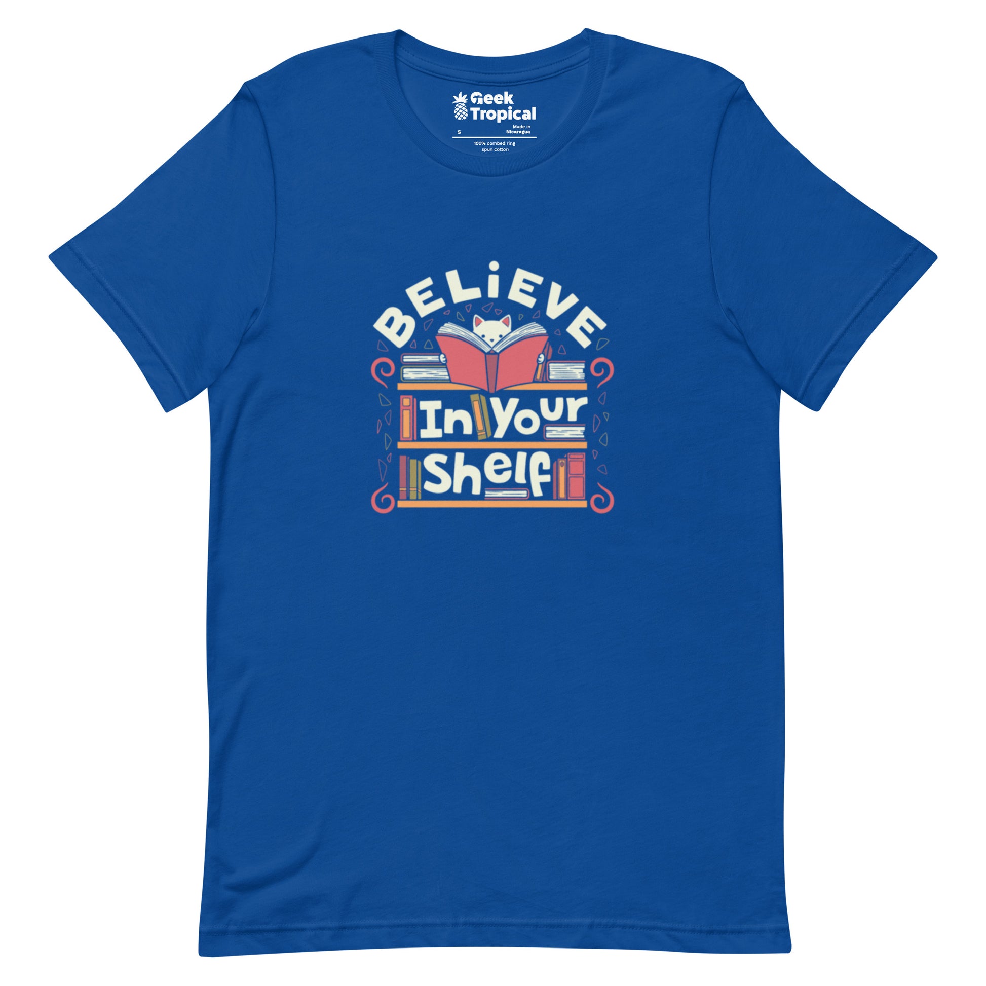Believe in Your Shelf Cat T-Shirt Geek Nerd Animal Patterns Book Prints Design by Tobe Fonseca