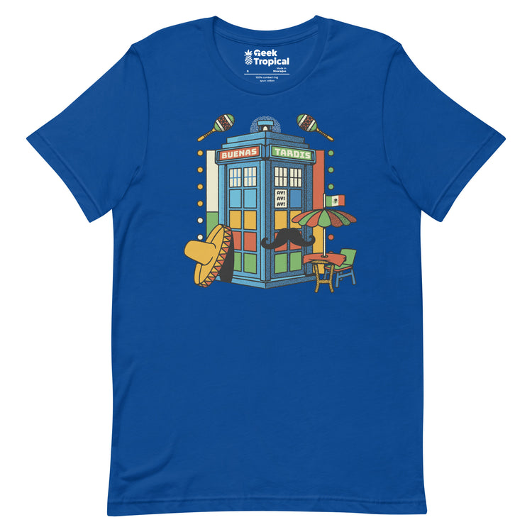 Buenas Tardis Travel Time T-Shirt Geek Nerd Advertise to Meta Design by Tobe Fonseca Fantasy Prints