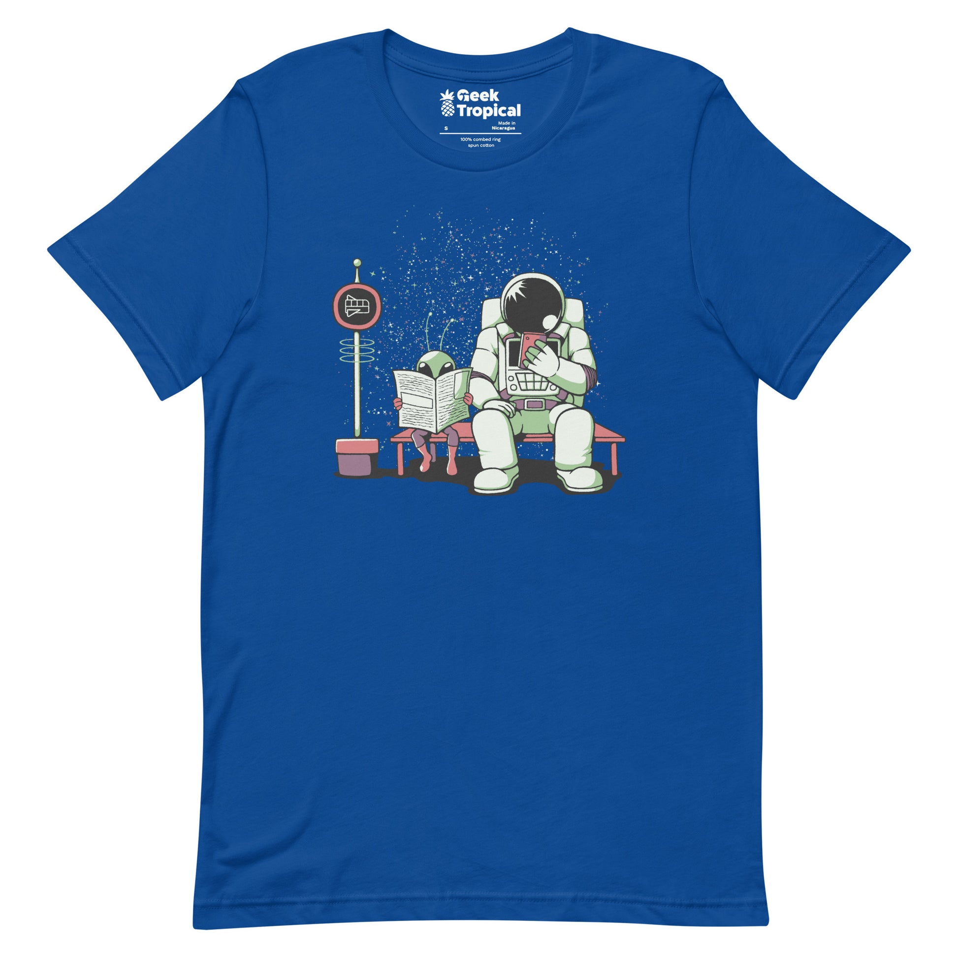 Astronaut In a Bus Stop Funny Alien Reading Newspaper T-Shirt Geek Nerd Advertise to Meta Design by Tobe Fonseca Fantasy Prints