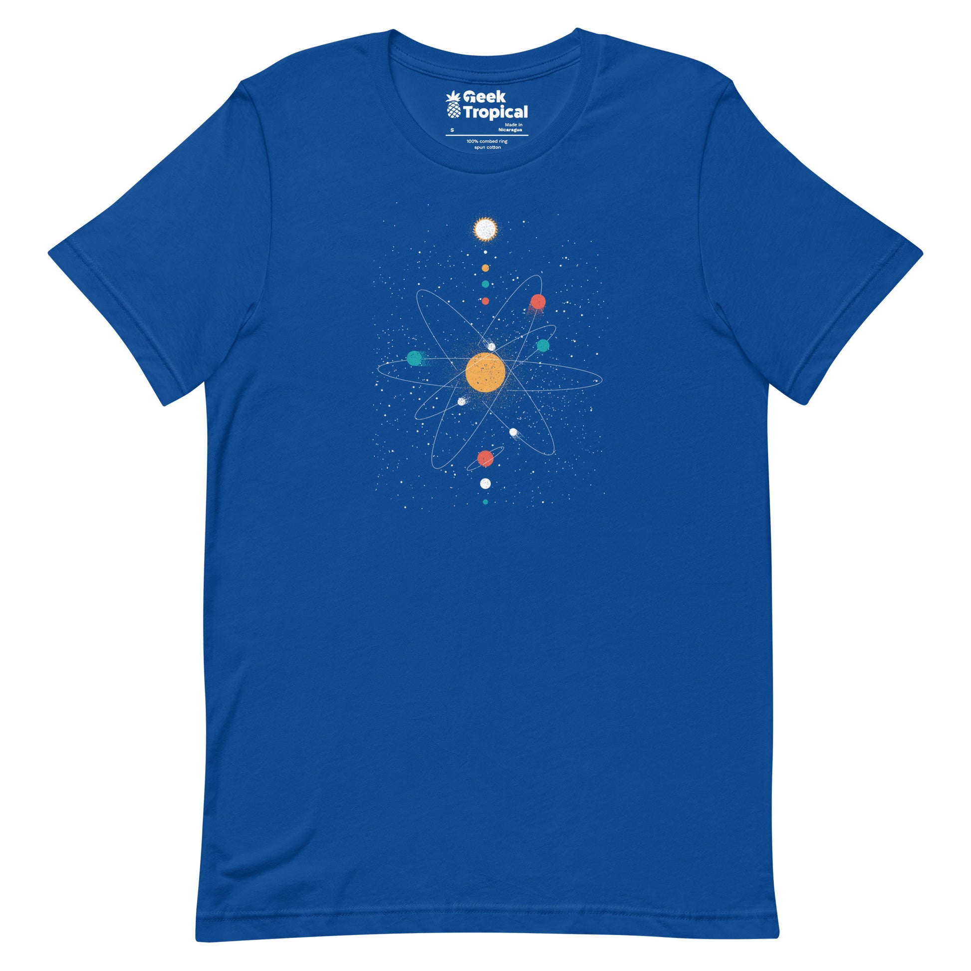 Atom Universe Minimalist T-Shirt Geek Nerd Advertise to Meta Design by Tobe Fonseca outer space & astronaut print