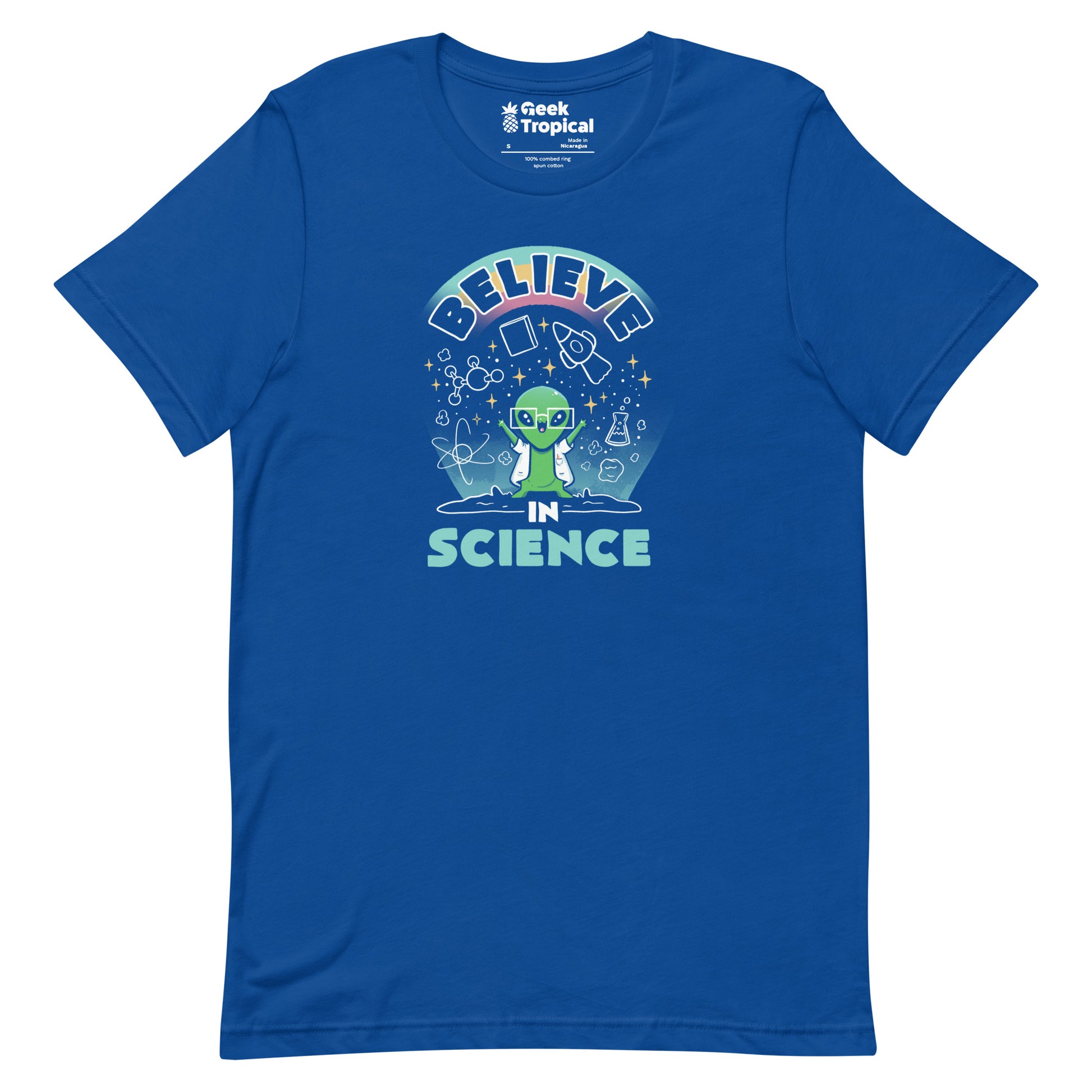 Believe in Science Alien T-Shirt Geek Nerd Advertise to Meta Design by Tobe Fonseca outer space & astronaut print