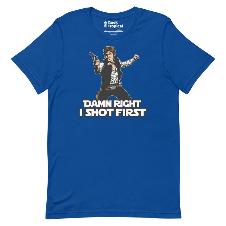 I Shot First T-Shirt Geek Nerd Advertise to Meta Fantasy Prints FLOW DESC WRITING