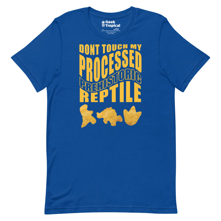 Processed Prehistoric Reptile Dinosaur Chicken Nuggets T-Shirt Geek Nerd Advertise to Meta Animal Patterns Design by Random Galaxy