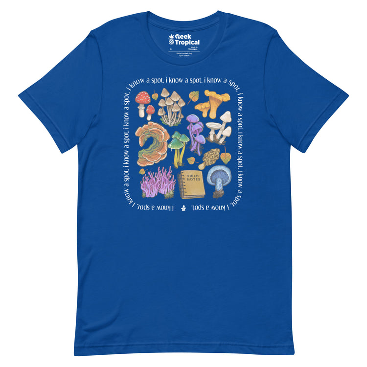 I Know A Spot Mushrooms T-Shirt Geek Nerd Advertise to Meta Botany Print Elle
