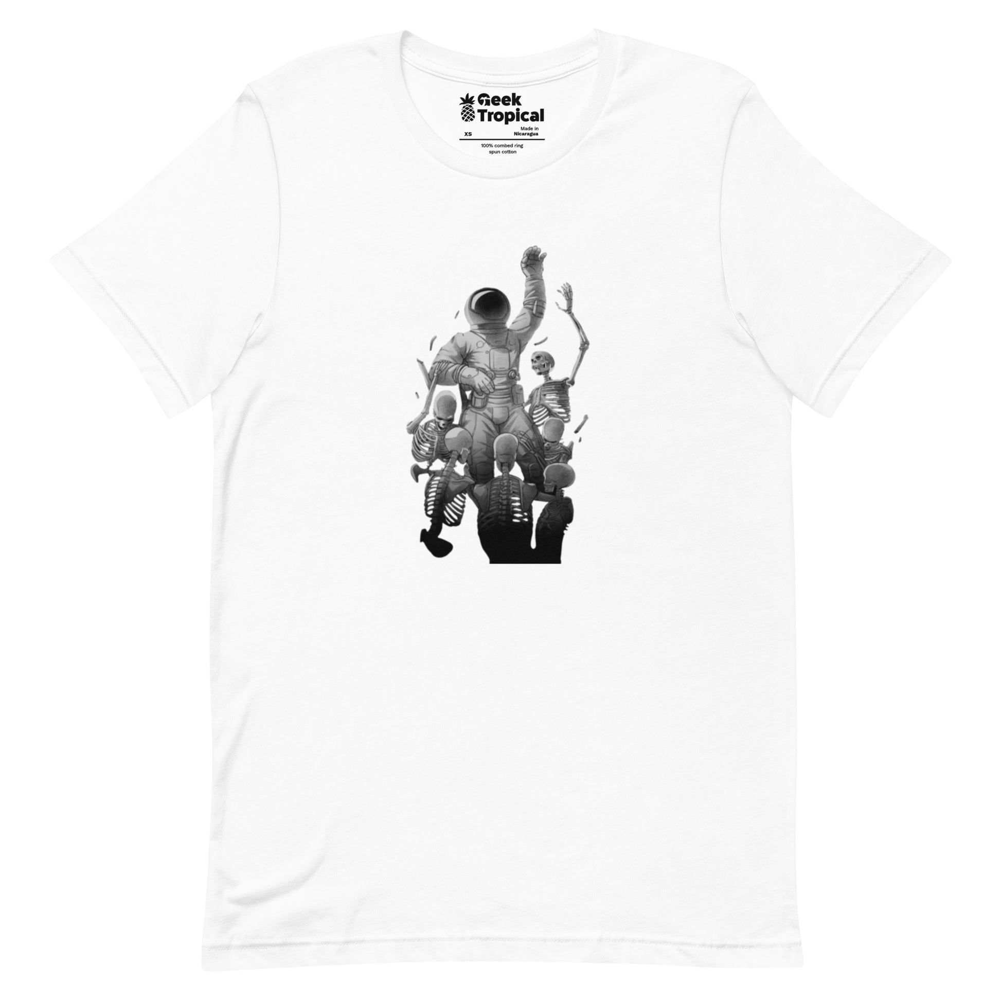 Astronaut Escaping Skeletons T-Shirt Geek Nerd Design by Tobe Fonseca Fantasy Prints FLOW DESC WRITING