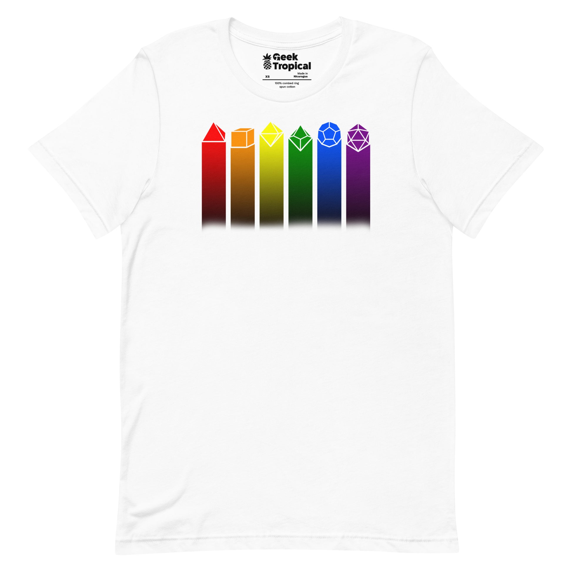 Rainbow Dice T-shirt Geek Nerd Advertise to Meta board game print dnd & rpg print
