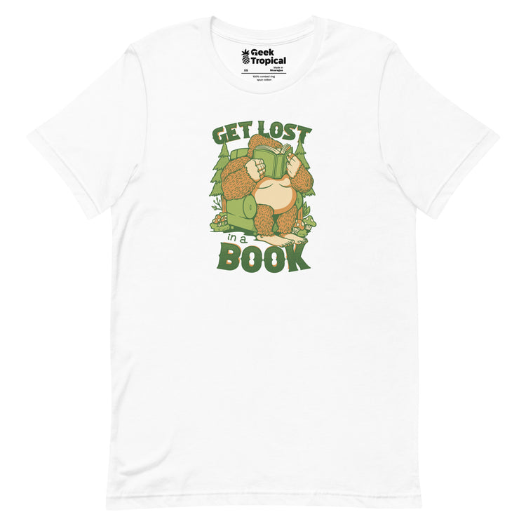Get Lost - In A Book Sasquatch T-Shirt Geek Nerd Advertise to Meta Book Prints Design by Tobe Fonseca
