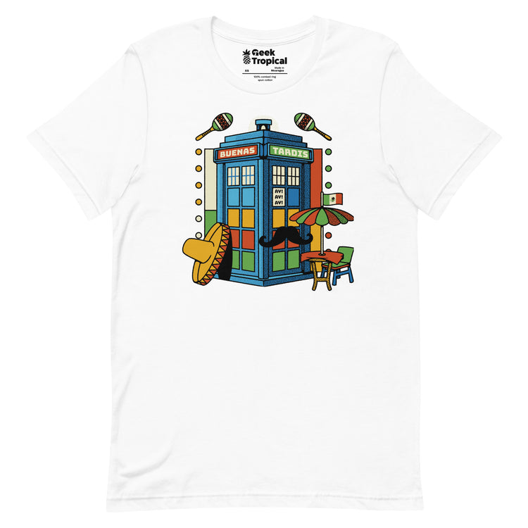 Buenas Tardis Travel Time T-Shirt Geek Nerd Advertise to Meta Design by Tobe Fonseca Fantasy Prints