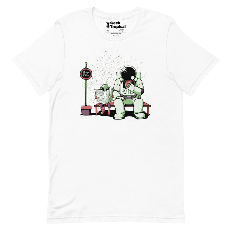 Astronaut In a Bus Stop Funny Alien Reading Newspaper T-Shirt Geek Nerd Advertise to Meta Design by Tobe Fonseca Fantasy Prints