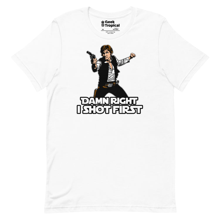 I Shot First T-Shirt Geek Nerd Advertise to Meta Fantasy Prints FLOW DESC WRITING