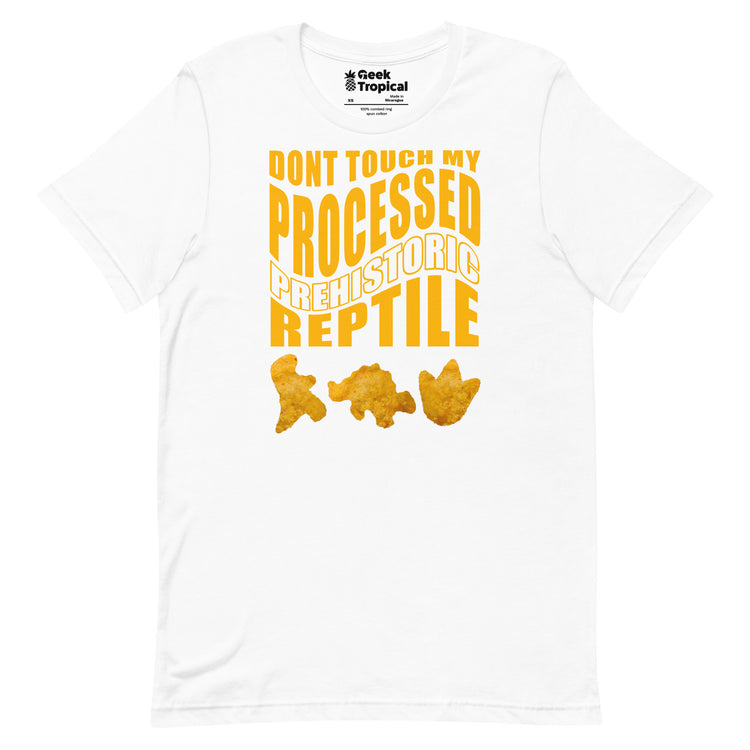 Processed Prehistoric Reptile Dinosaur Chicken Nuggets T-Shirt Geek Nerd Advertise to Meta Animal Patterns Design by Random Galaxy