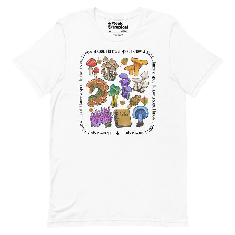 I Know A Spot Mushrooms T-Shirt Geek Nerd Advertise to Meta Botany Print Elle