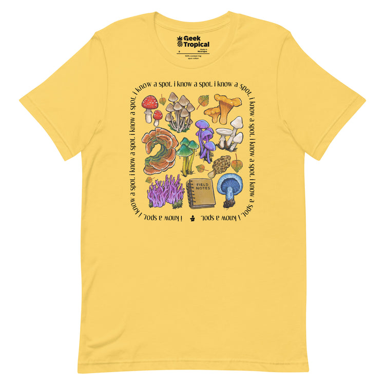 I Know A Spot Mushrooms T-Shirt Geek Nerd Advertise to Meta Botany Print Elle