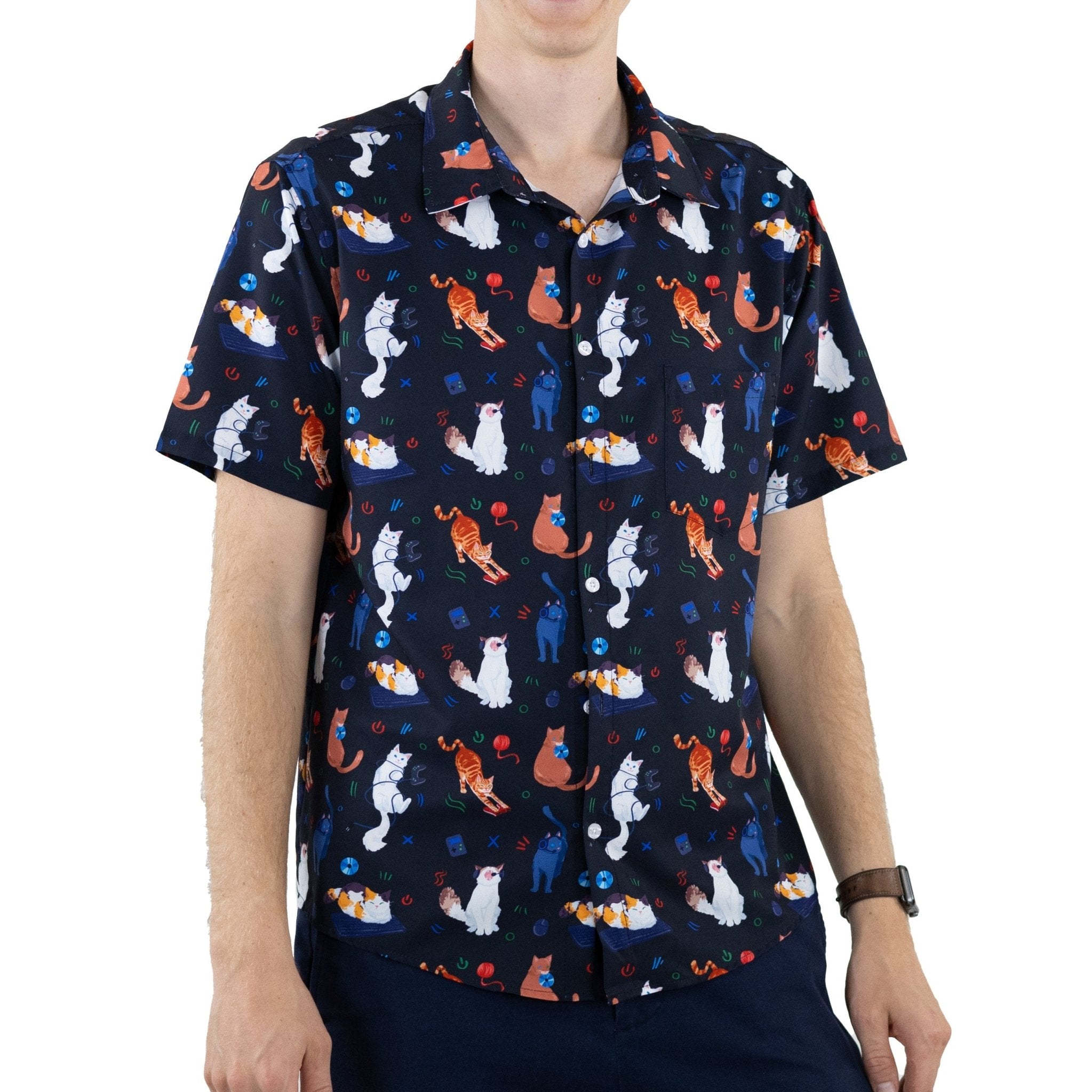 Ready - to - Ship Video Game Cats Dark Button Up Shirt Geek Nerd adult sizing Animal Patterns Design by Claire Murphy